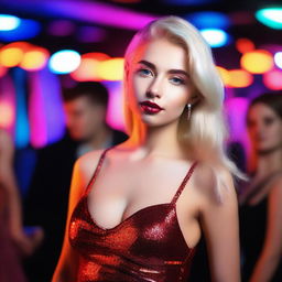 A glamorous 18-year-old Russian blonde model with styled hair and red lips, standing in a vibrant nightclub