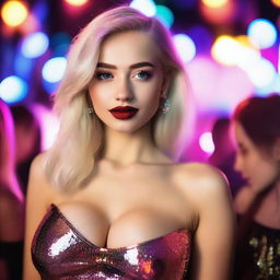 A glamorous 18-year-old Russian blonde model with styled hair and red lips, standing in a vibrant nightclub