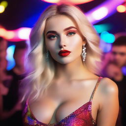 A glamorous 18-year-old Russian blonde model with styled hair and red lips, standing in a vibrant nightclub