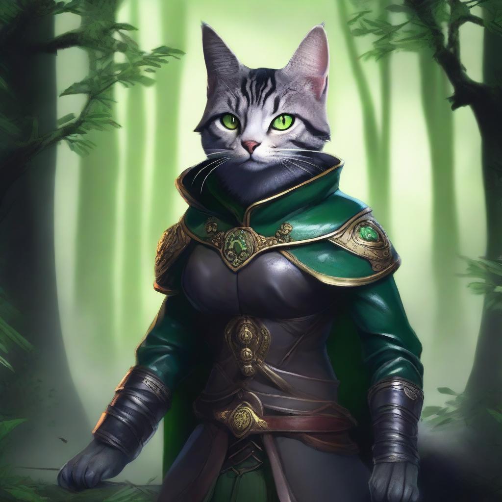 A grey tabby tabaxi warlock with striking green eyes, wearing detailed leather armor