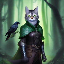 A grey tabby tabaxi warlock with striking green eyes, wearing detailed leather armor