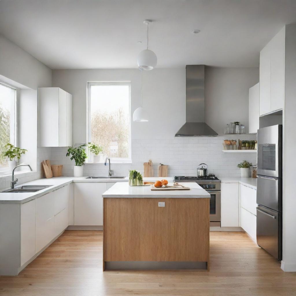 A modern, bright IKEA kitchen with sleek cabinets, stainless steel appliances, a central island, and overhead pendant lighting.