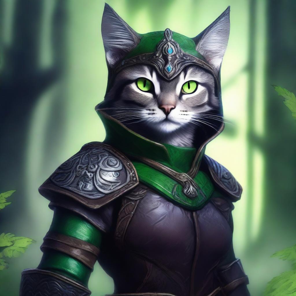 A grey tabby tabaxi warlock with striking green eyes, wearing detailed leather armor