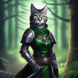 A grey tabby tabaxi warlock with striking green eyes, wearing detailed leather armor