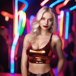 A glamorous 18-year-old Russian model with styled blonde hair and striking red lips, posing in a vibrant nightclub