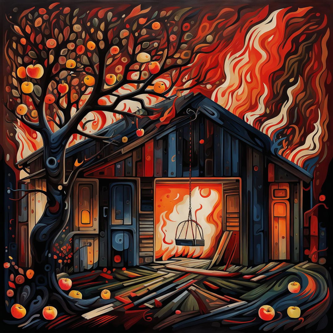 An abstract depiction of an old backyard garage with flames on its roof, an apple tree with a swing in the forefront, featuring surreal shapes and patterns