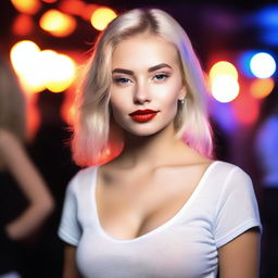 A glamorous 18-year-old Russian model with styled blonde hair and red lips, posing in a nightclub