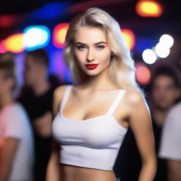 A glamorous 18-year-old Russian model with styled blonde hair and red lips, posing in a nightclub