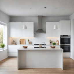 A modern, bright IKEA kitchen with sleek cabinets, stainless steel appliances, a central island, and overhead pendant lighting.