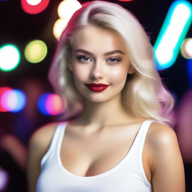 A glamorous 18-year-old Russian model with styled blonde hair and red lips, posing in a nightclub