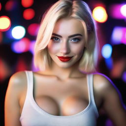 A glamorous 18-year-old Russian model with styled blonde hair and red lips, posing in a nightclub