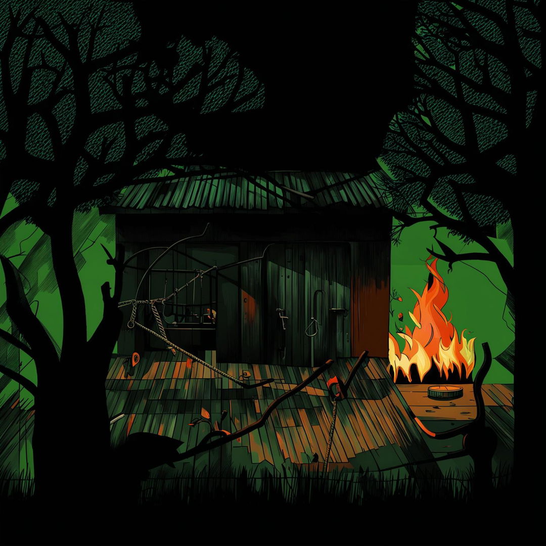 An abstract illustration of an old backyard garage with a few flames on the roof, an apple tree with a swing in the forefront, featuring surreal shapes and patterns