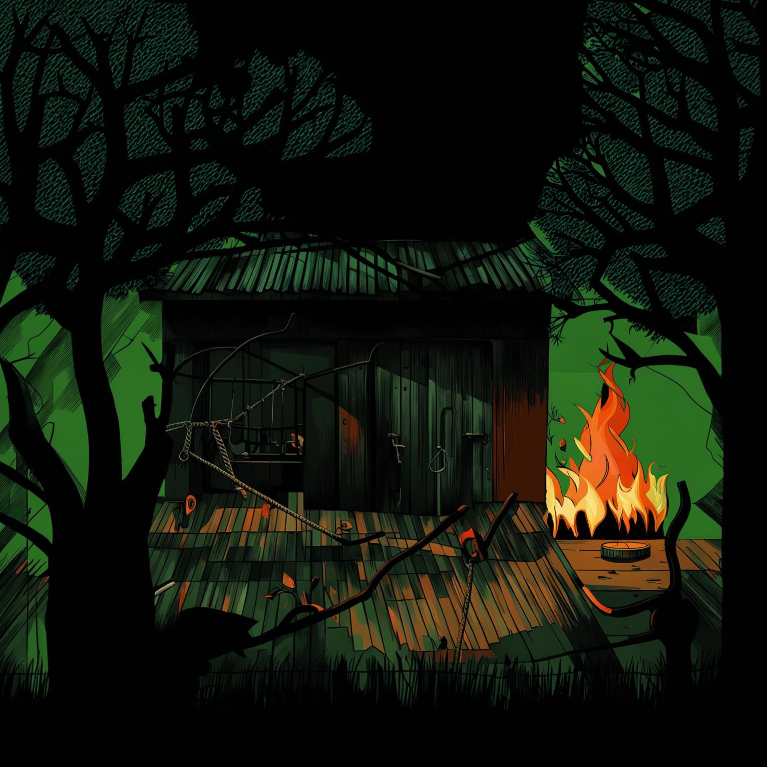An abstract illustration of an old backyard garage with a few flames on the roof, an apple tree with a swing in the forefront, featuring surreal shapes and patterns
