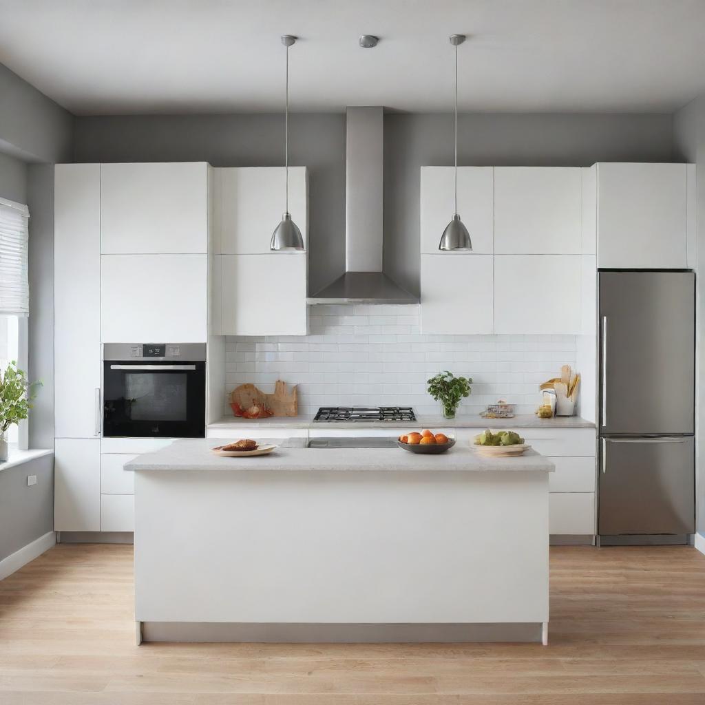 A modern, bright IKEA kitchen with sleek cabinets, stainless steel appliances, a central island, and overhead pendant lighting.