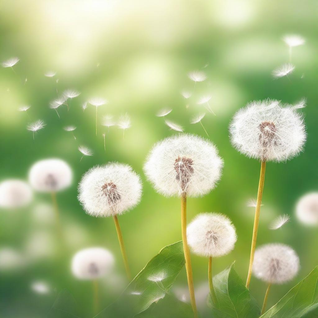 A serene and ethereal scene featuring dandelions gently swaying in the breeze