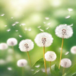 A serene and ethereal scene featuring dandelions gently swaying in the breeze