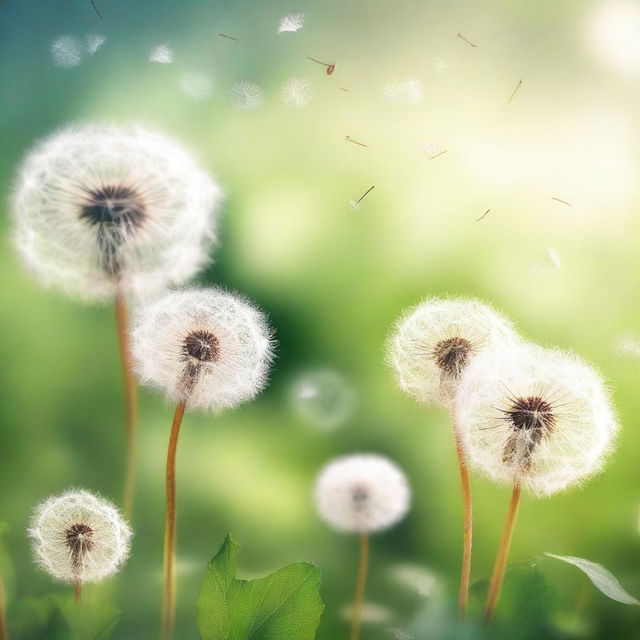 A serene and ethereal scene featuring dandelions gently swaying in the breeze