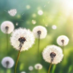 A serene and ethereal scene featuring dandelions gently swaying in the breeze