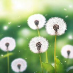 A serene and ethereal scene featuring dandelions gently swaying in the breeze