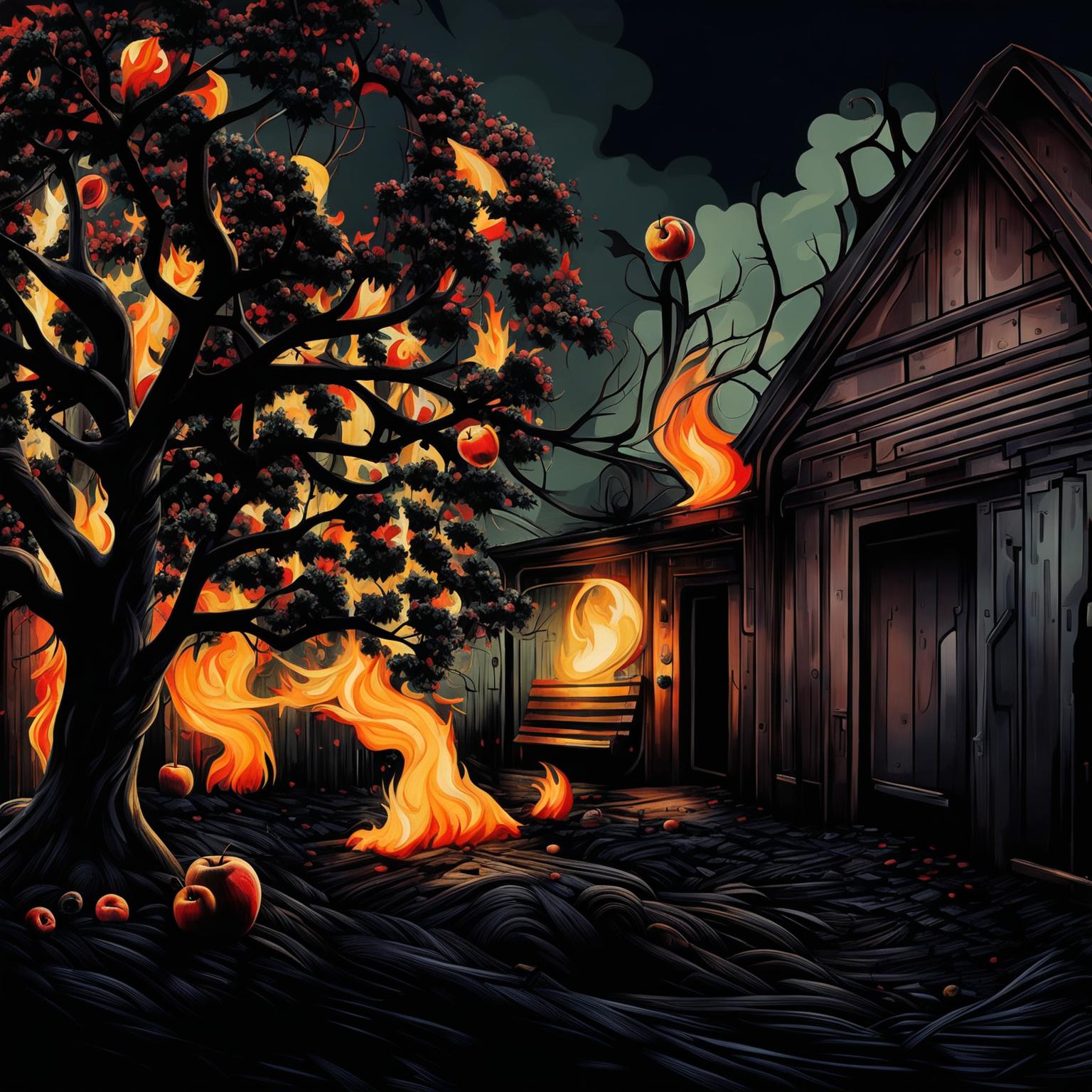 An abstract scene of an old backyard garage with a few flames on the roof, an apple tree with a swing in the forefront, featuring surreal shapes and patterns