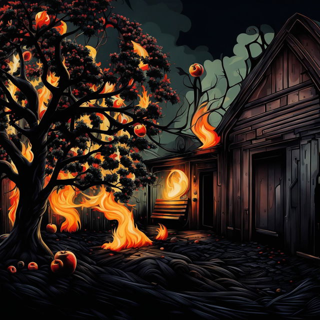 An abstract scene of an old backyard garage with a few flames on the roof, an apple tree with a swing in the forefront, featuring surreal shapes and patterns