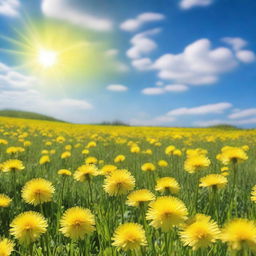 A vast field filled with dandelions in full bloom, their bright yellow flowers creating a sea of color