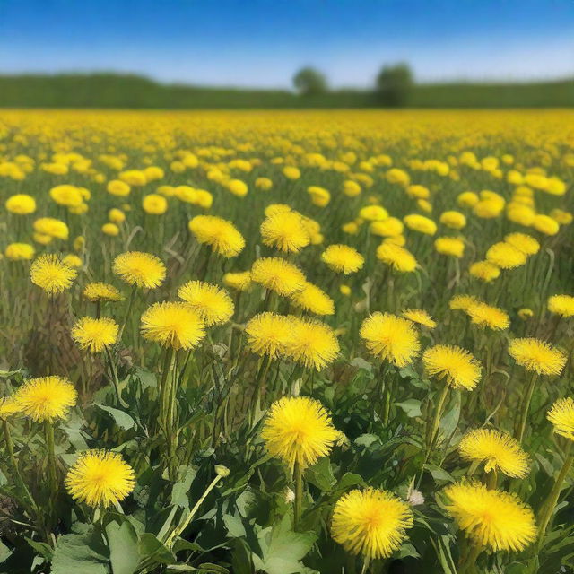 A vast field filled with dandelions in full bloom, their bright yellow flowers creating a sea of color