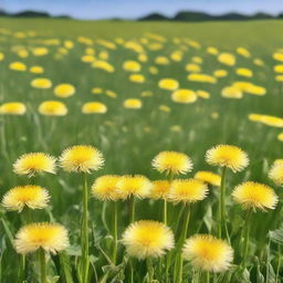 A vast field filled with dandelions in full bloom, their bright yellow flowers creating a sea of color