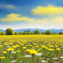 A vast field filled with dandelions in full bloom, their bright yellow flowers creating a sea of color