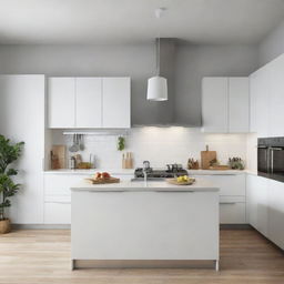 A modern, bright IKEA kitchen with sleek cabinets, stainless steel appliances, a central island, and overhead pendant lighting.