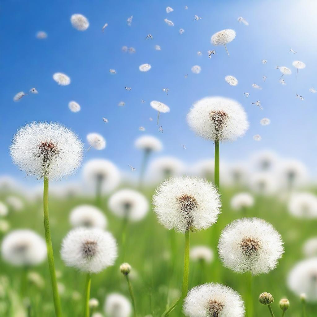 A vast field filled with white dandelions in full bloom, their delicate seed heads creating a sea of soft, fluffy white