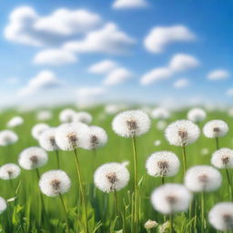 A vast field filled with white dandelions in full bloom, their delicate seed heads creating a sea of soft, fluffy white