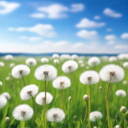 A vast field filled with white dandelions in full bloom, their delicate seed heads creating a sea of soft, fluffy white