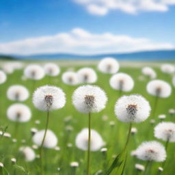 A vast field filled with white dandelions in full bloom, their delicate seed heads creating a sea of soft, fluffy white