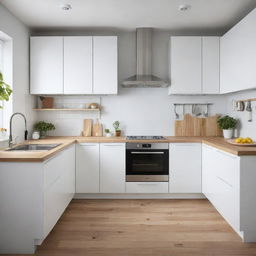 A well-organized and modern IKEA kitchen with clean design, white cabinetry, wooden countertops and fashionable stainless steel appliances.