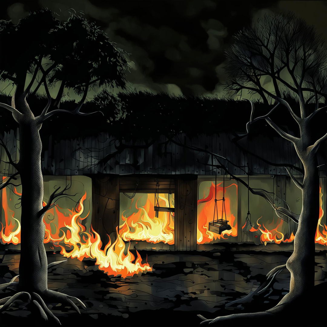 An abstract illustration of an old flat roof backyard garage with a few flames on the roof, an apple tree with a children's swing in the forefront, featuring surreal shapes and patterns