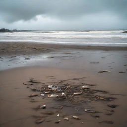 A dry, polluted beach with litter scattered around, dead fish washed ashore, and a gloomy sky overhead