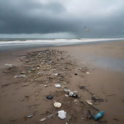 A dry, polluted beach with litter scattered around, dead fish washed ashore, and a gloomy sky overhead