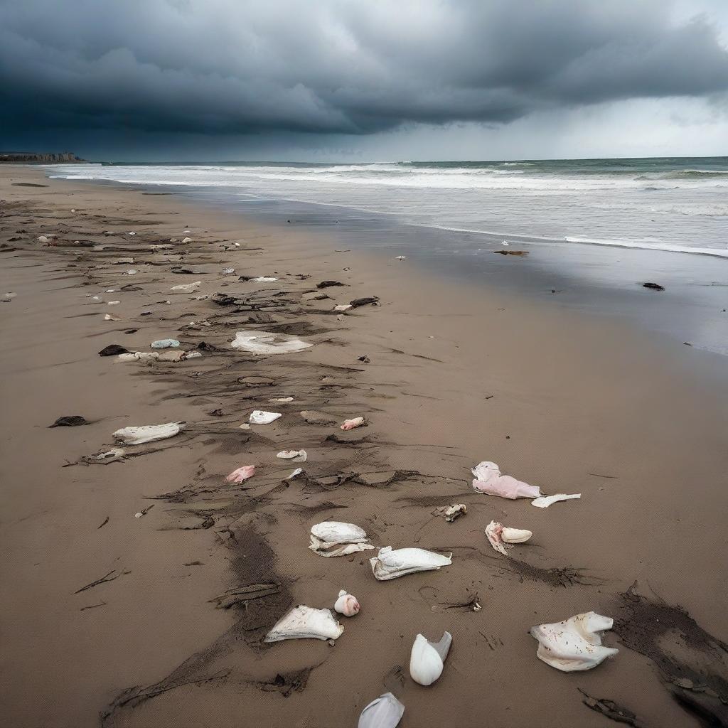 A dry, polluted beach with litter scattered around, dead fish washed ashore, and a gloomy sky overhead