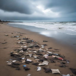 A dry, polluted beach with litter scattered around, dead fish washed ashore, and a gloomy sky overhead