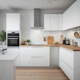 A well-organized and modern IKEA kitchen with clean design, white cabinetry, wooden countertops and fashionable stainless steel appliances.