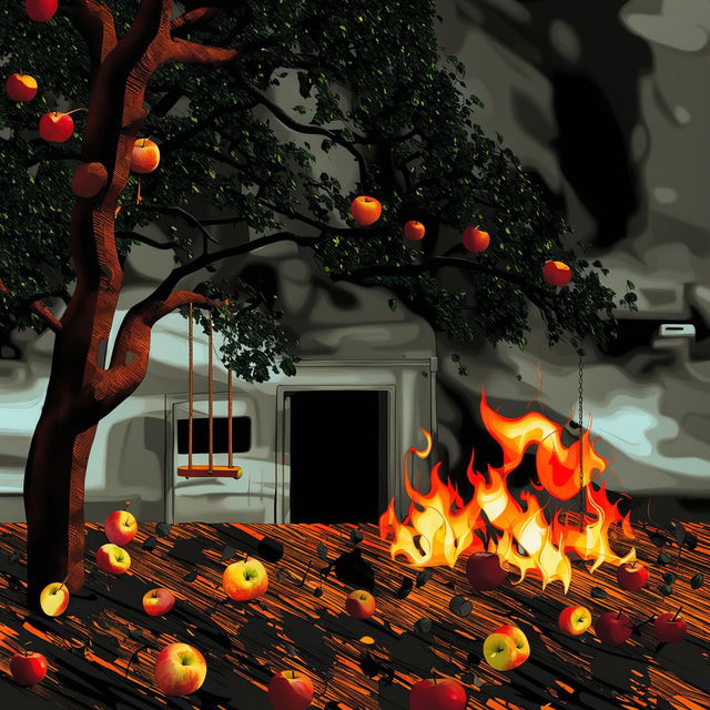 An abstract depiction of a backyard with an old flat roof garage with small flames on its roof, an apple tree with a children's swing in the forefront, and fallen leaves and apples on the ground