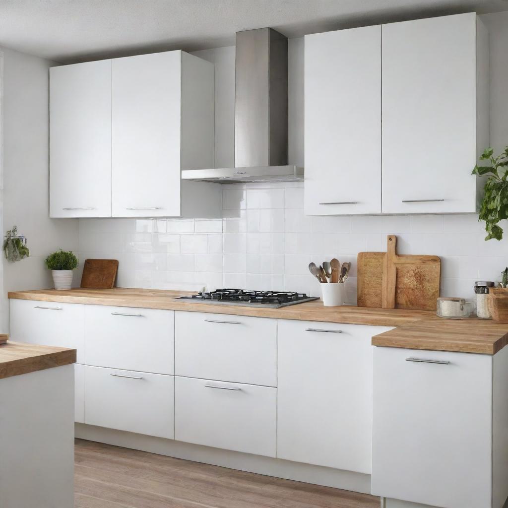 A well-organized and modern IKEA kitchen with clean design, white cabinetry, wooden countertops and fashionable stainless steel appliances.