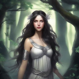 A daughter of Artemis with long dark brown wavy hair and big silver eyes with long eyelashes