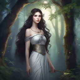 A daughter of Artemis with long dark brown wavy hair and big silver eyes with long eyelashes