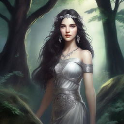 A daughter of Artemis with long dark brown wavy hair and big silver eyes with long eyelashes