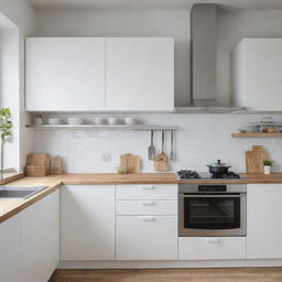 A well-organized and modern IKEA kitchen with clean design, white cabinetry, wooden countertops and fashionable stainless steel appliances.