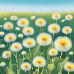 A realistic depiction of a vast field filled with dandelions in full bloom