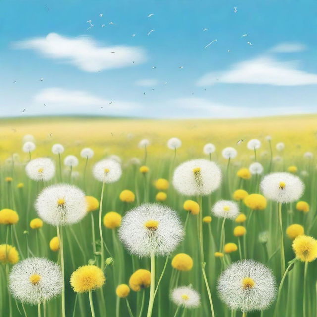 A realistic depiction of a vast field filled with dandelions in full bloom