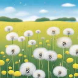 A realistic depiction of a vast field filled with dandelions in full bloom